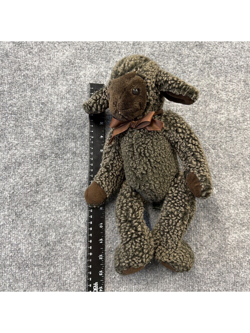 Russ Berrie Li'L TRUBBLES Dark Brown Sheep Lamb 13" Nubby Plush Brown Satin Bow